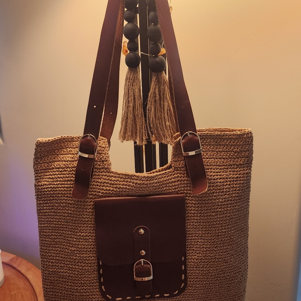 Brown Woven Tote Bag with Leather Accents
